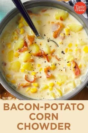 Bowl of creamy corn chowder topped with crispy bacon
