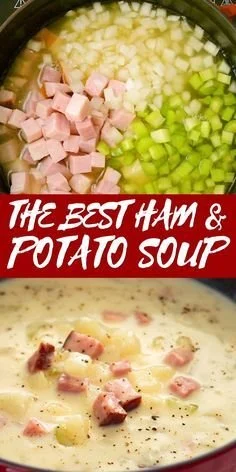 Bowl of delicious homemade ham and potato soup with herbs and spices