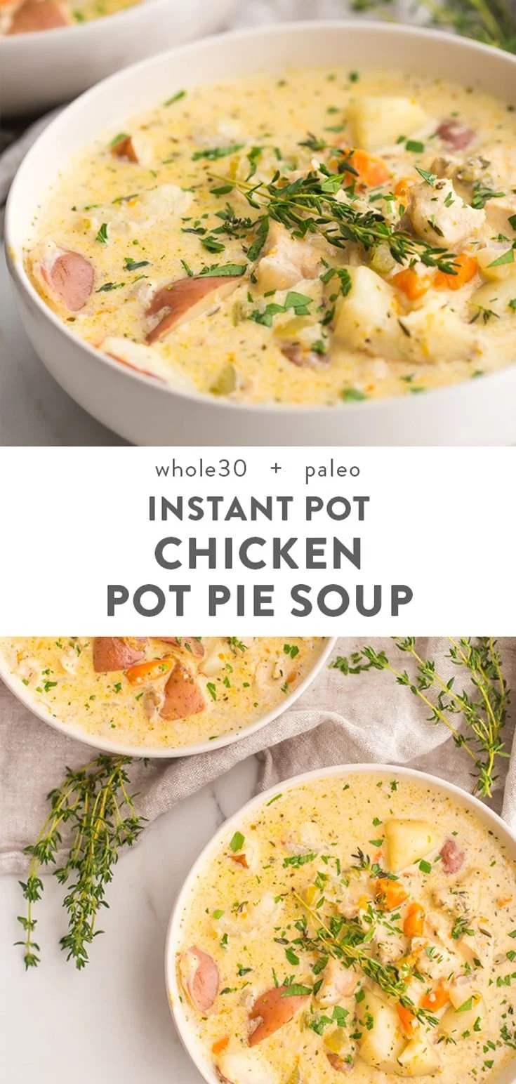 Healthy Instant Pot chicken pot pie soup garnished with fresh herbs and vegetables