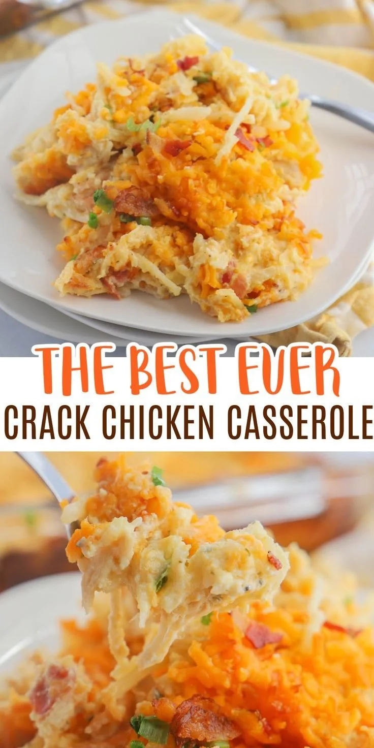 Delicious Crack Chicken Casserole served in a dish, topped with cheese and herbs.