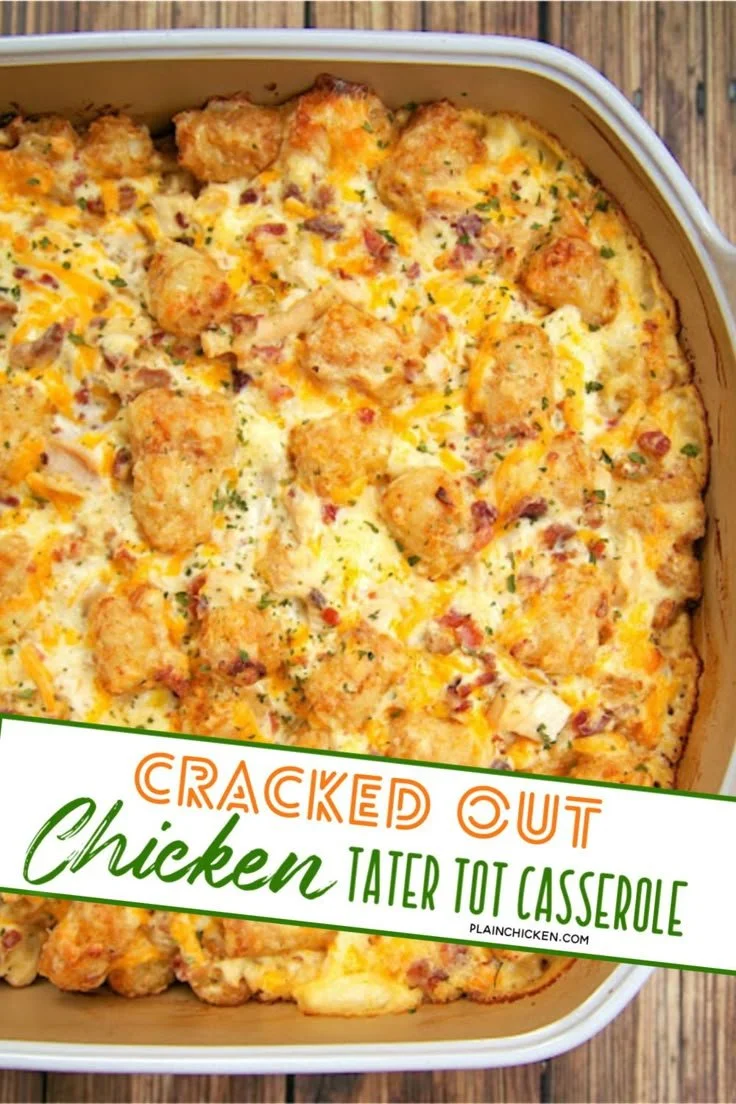 Delicious Cracked Out Chicken Tater Tot Casserole served in a baking dish