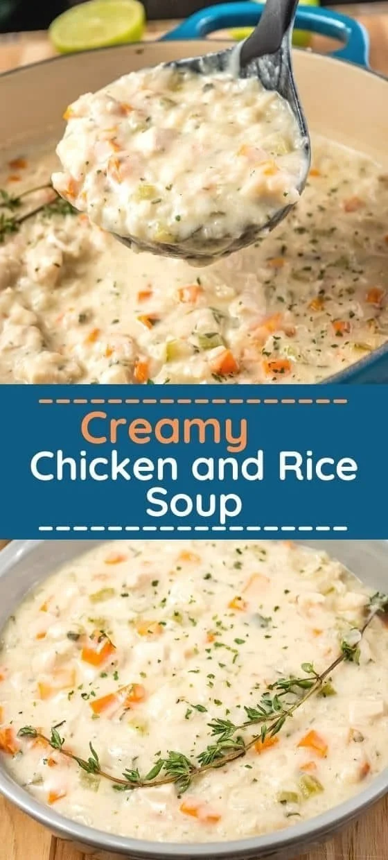 Creamy chicken and rice soup served in a bowl with herbs
