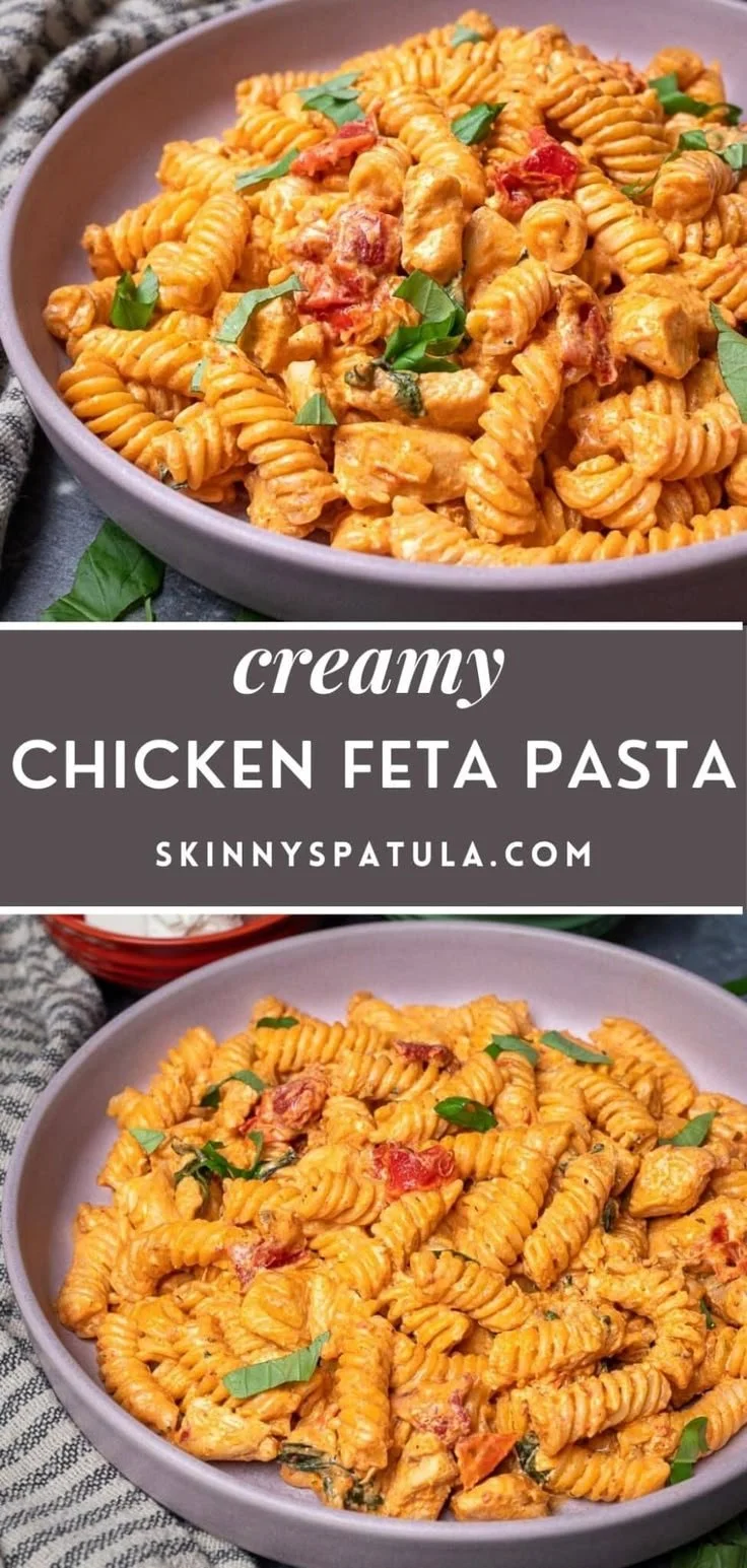 Creamy chicken feta pasta served in a bowl with herbs and spices