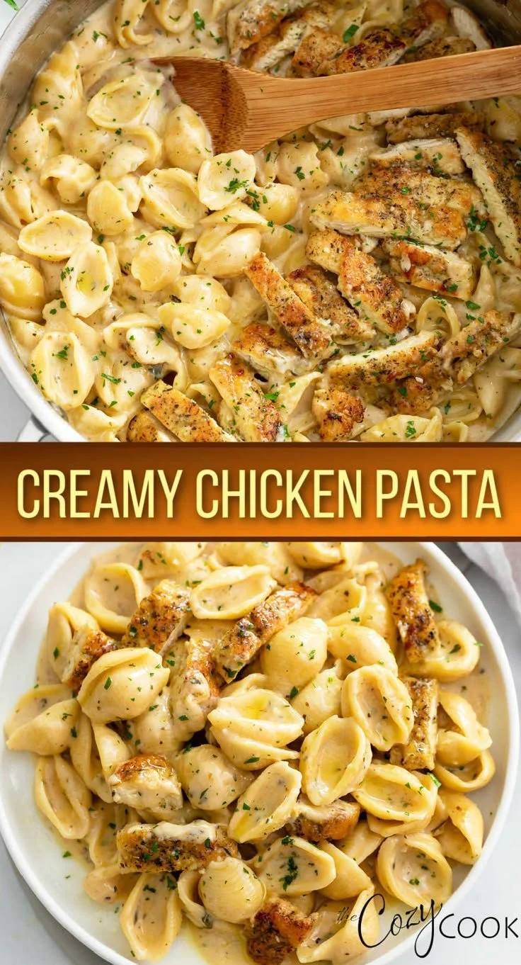 Creamy chicken pasta dish with herbs and creamy sauce