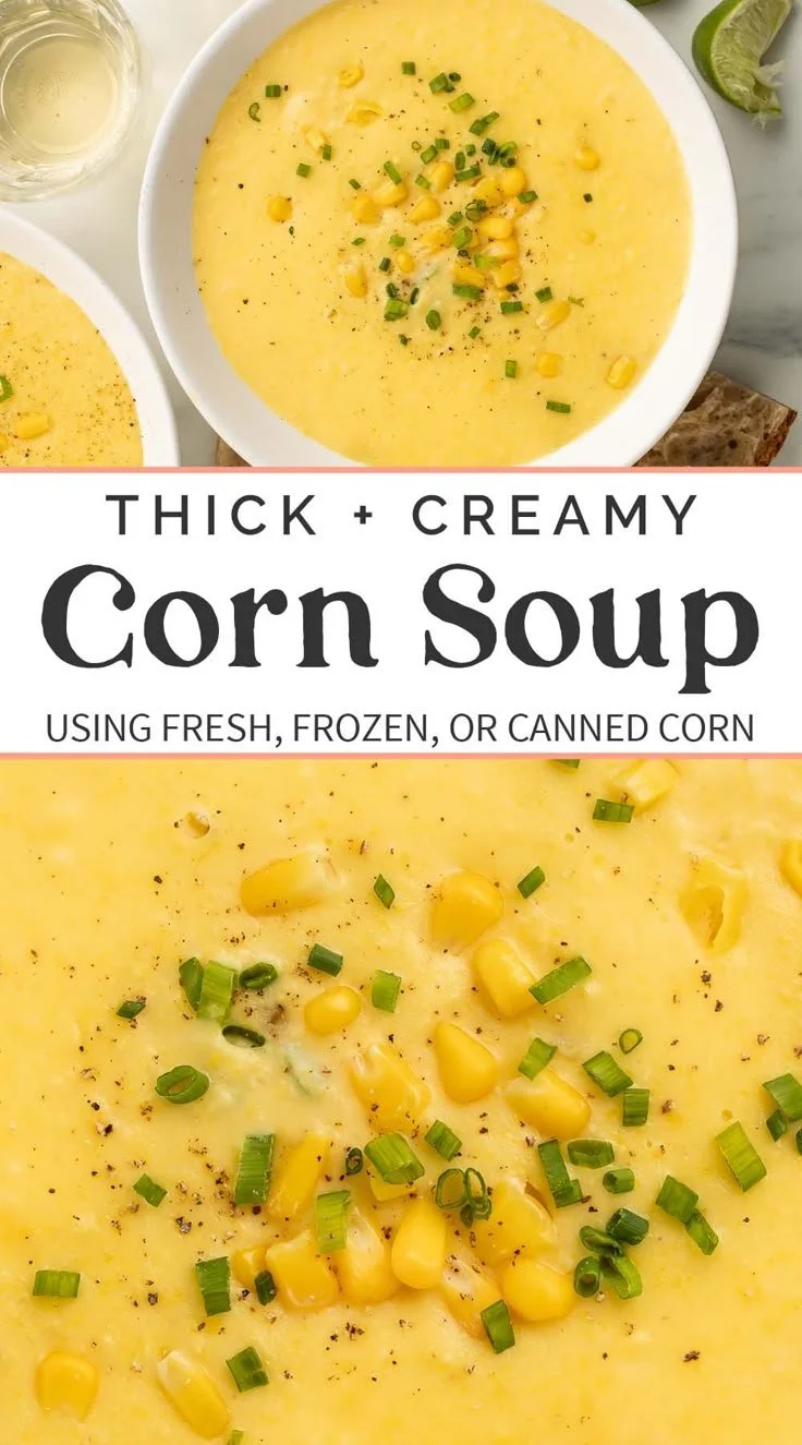 Delicious creamy corn soup served in a bowl, garnished with fresh herbs.