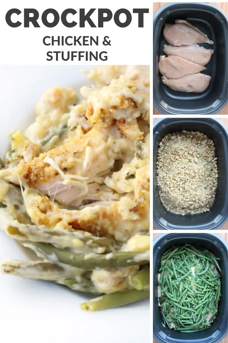 Creamy Crockpot Chicken with stuffing and green beans served in a bowl