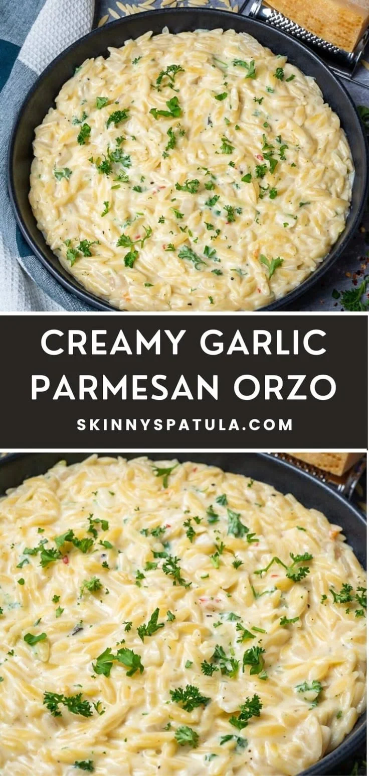 Creamy garlic parmesan orzo served in a bowl with fresh herbs