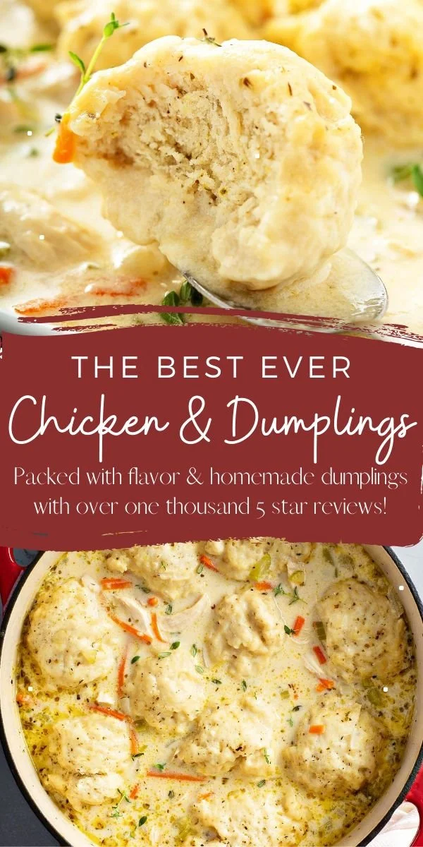 Creamy homemade chicken dumplings served in a bowl with herbs