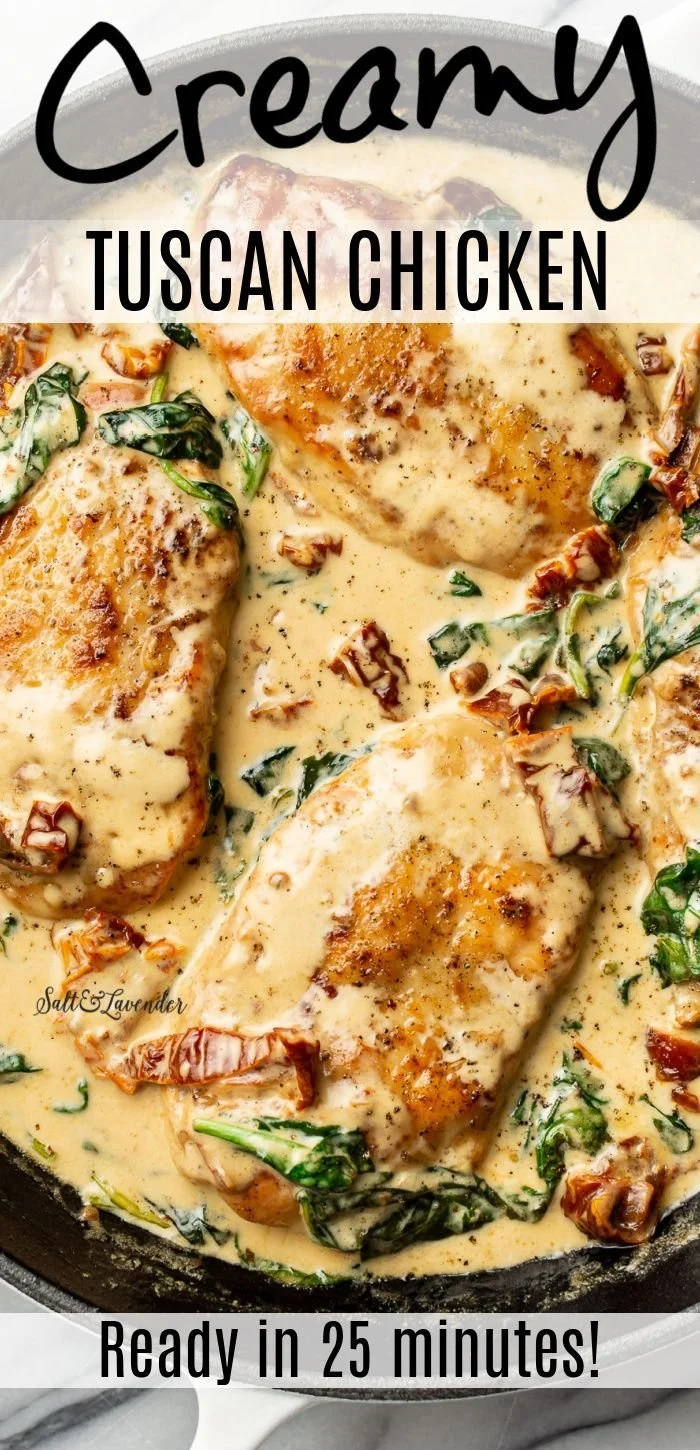 Creamy Tuscan chicken with spinach and sun-dried tomatoes served on a plate