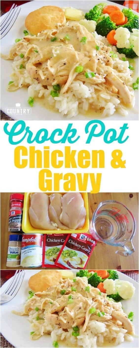 Delicious Crock Pot chicken and gravy served over mashed potatoes