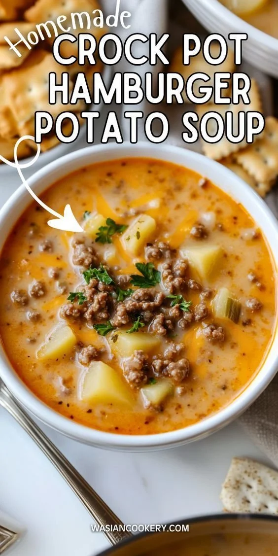 Crock Pot Hamburger Potato Soup served in a bowl with fresh herbs