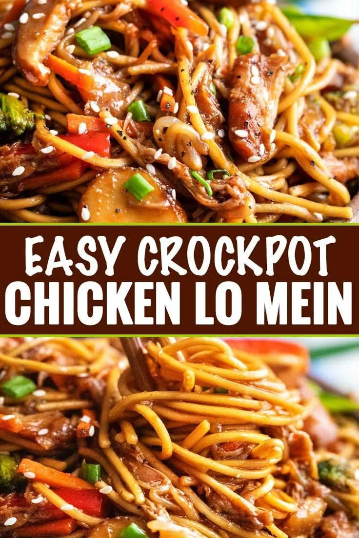 Crockpot chicken lo mein garnished with fresh vegetables in a bowl.