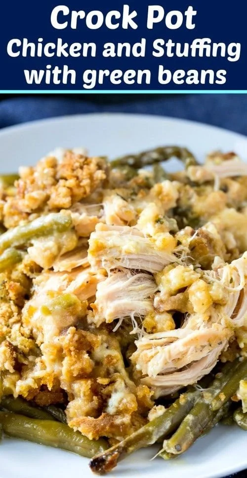 Delicious crock pot chicken with stuffing and green beans in a slow cooker.