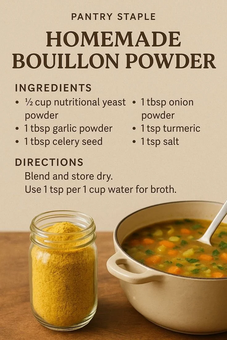 Homemade chicken broth mix in jars, perfect for soups and gravies.