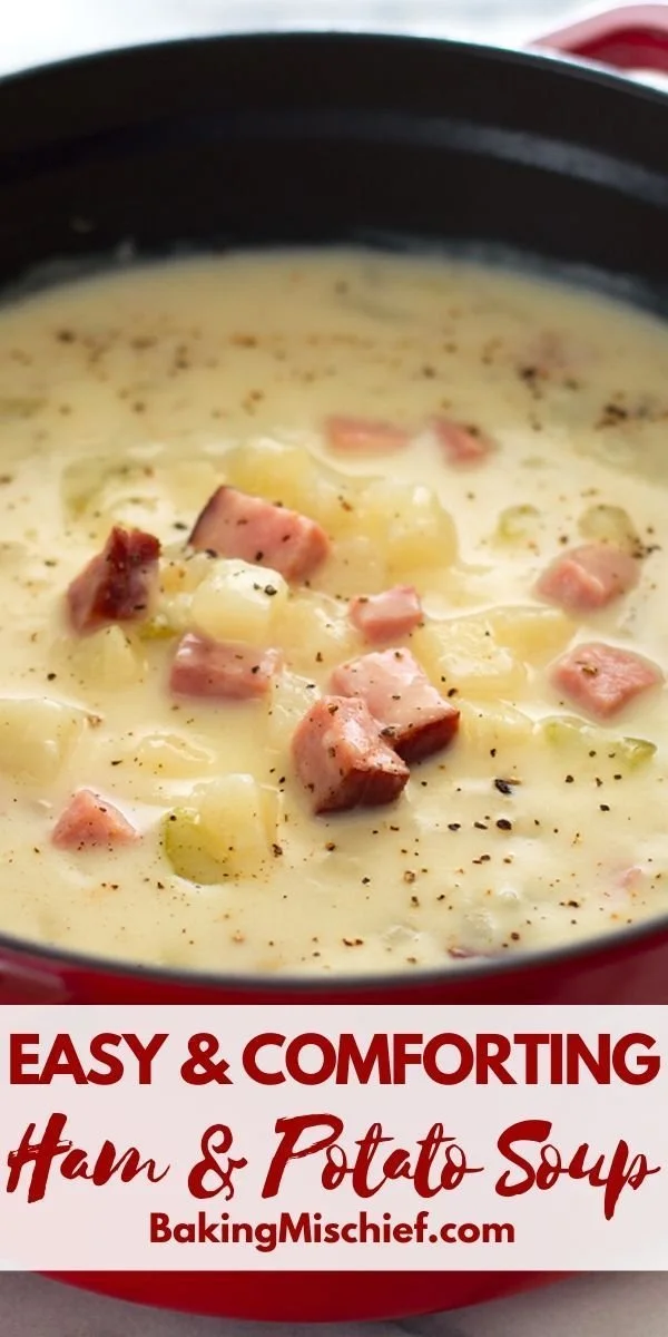 Bowl of homemade ham and potato soup, comforting and easy to prepare.