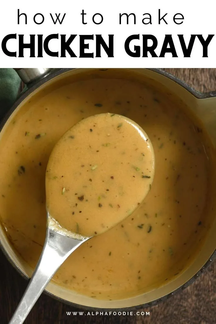 Delicious homemade brown gravy made with drippings and served with chicken.