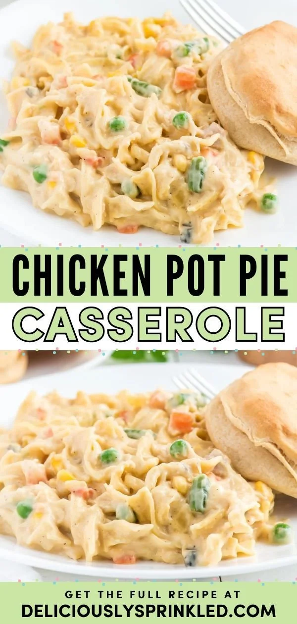 Easy chicken pot pie casserole with flaky crust and creamy filling