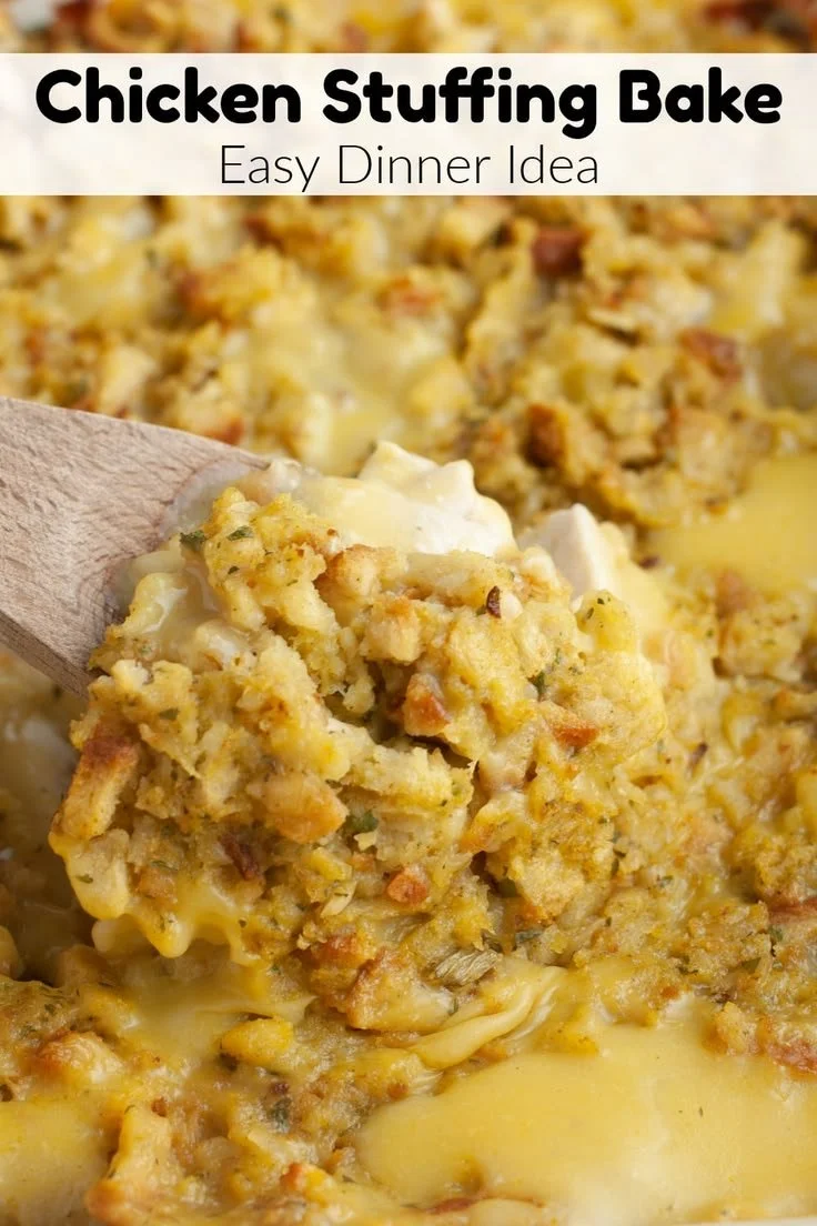 Easy chicken stuffing bake casserole topped with crispy stuffing.