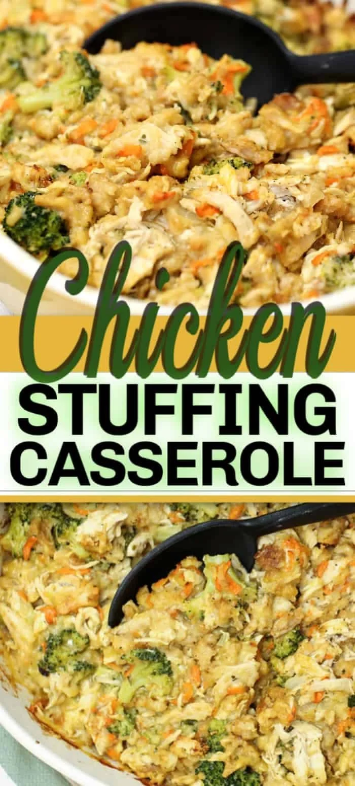 Delicious chicken stuffing bake with broccoli in a casserole dish