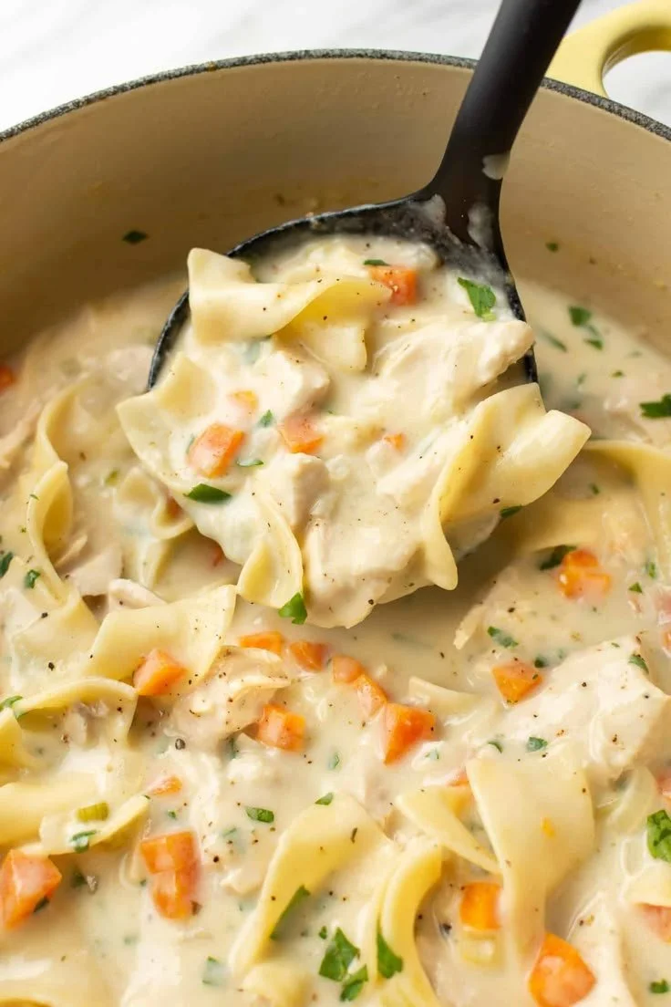 Bowl of easy creamy chicken noodle soup made in slow cooker