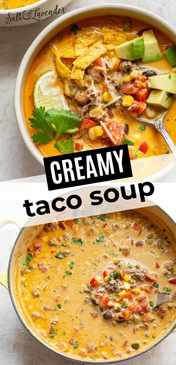Bowl of Easy Creamy Taco Soup topped with cheese and cilantro