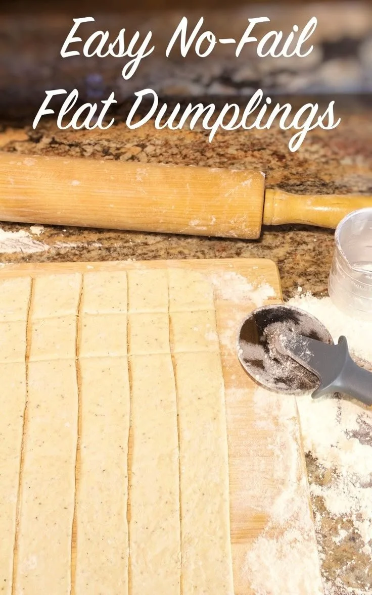 Easy no-fail flat dumplings ready for serving in a bowl.