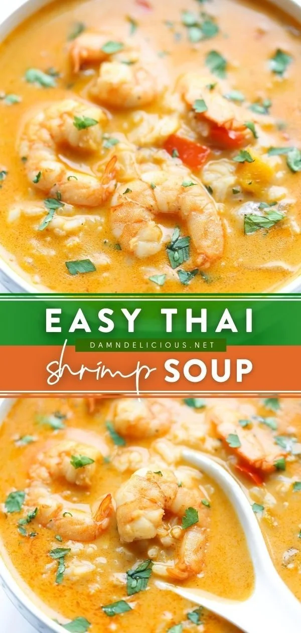 Bowl of easy Thai shrimp soup with vibrant vegetables and herbs