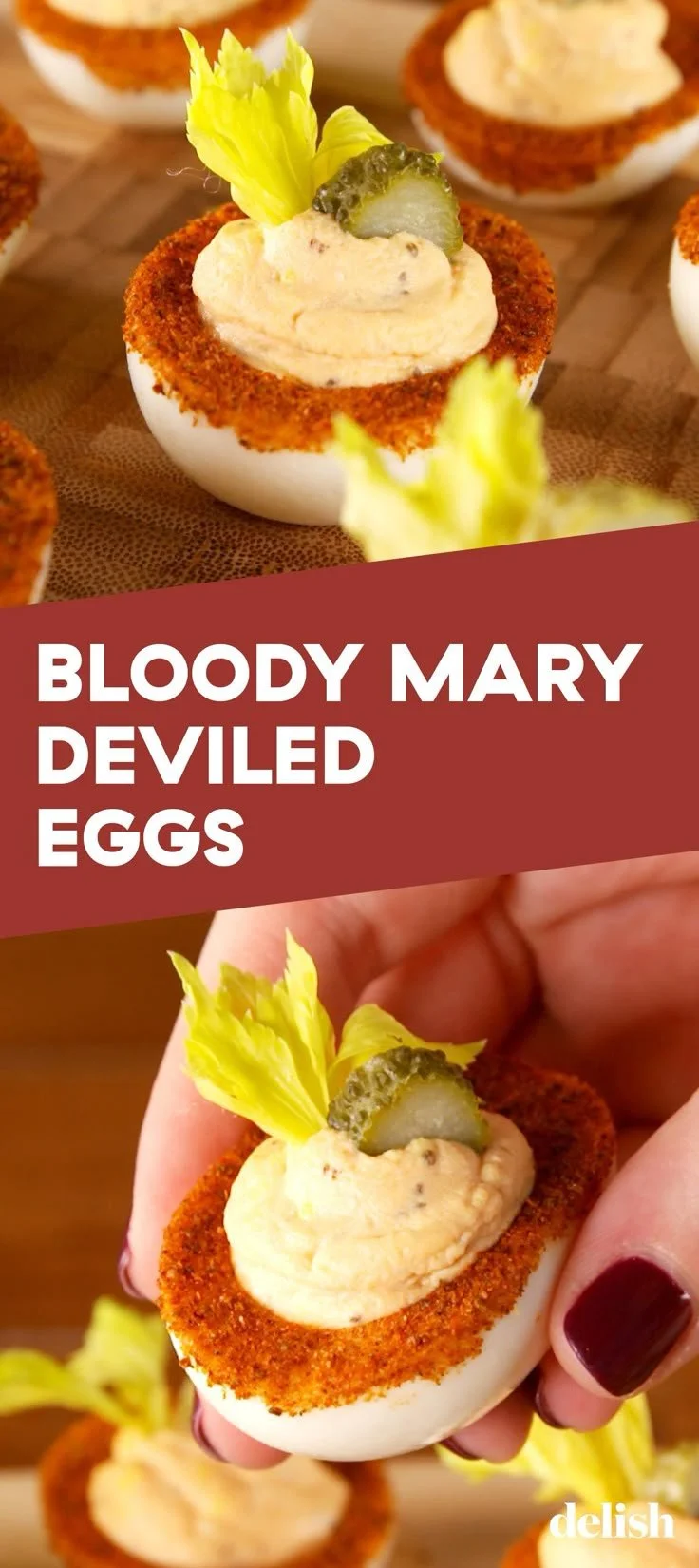 Delicious Bloody Mary Deviled Eggs served at a brunch table