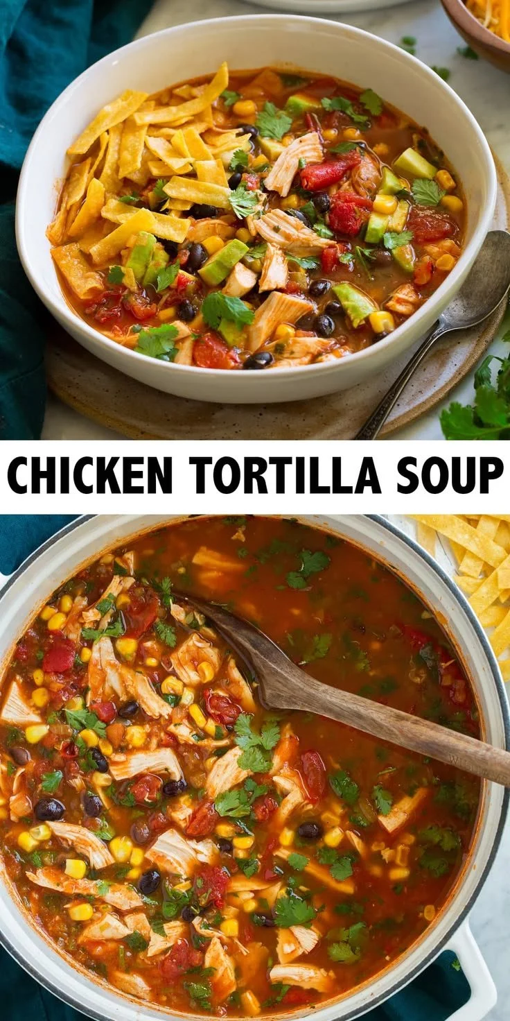 Bowl of homemade chicken tortilla soup with fresh ingredients and toppings