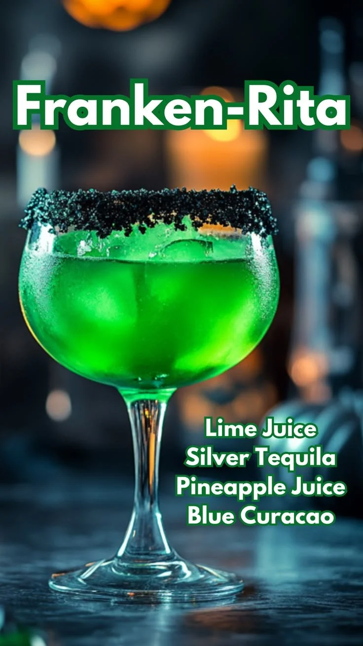 A vibrant Franken-Rita cocktail garnished with Halloween-themed decorations.