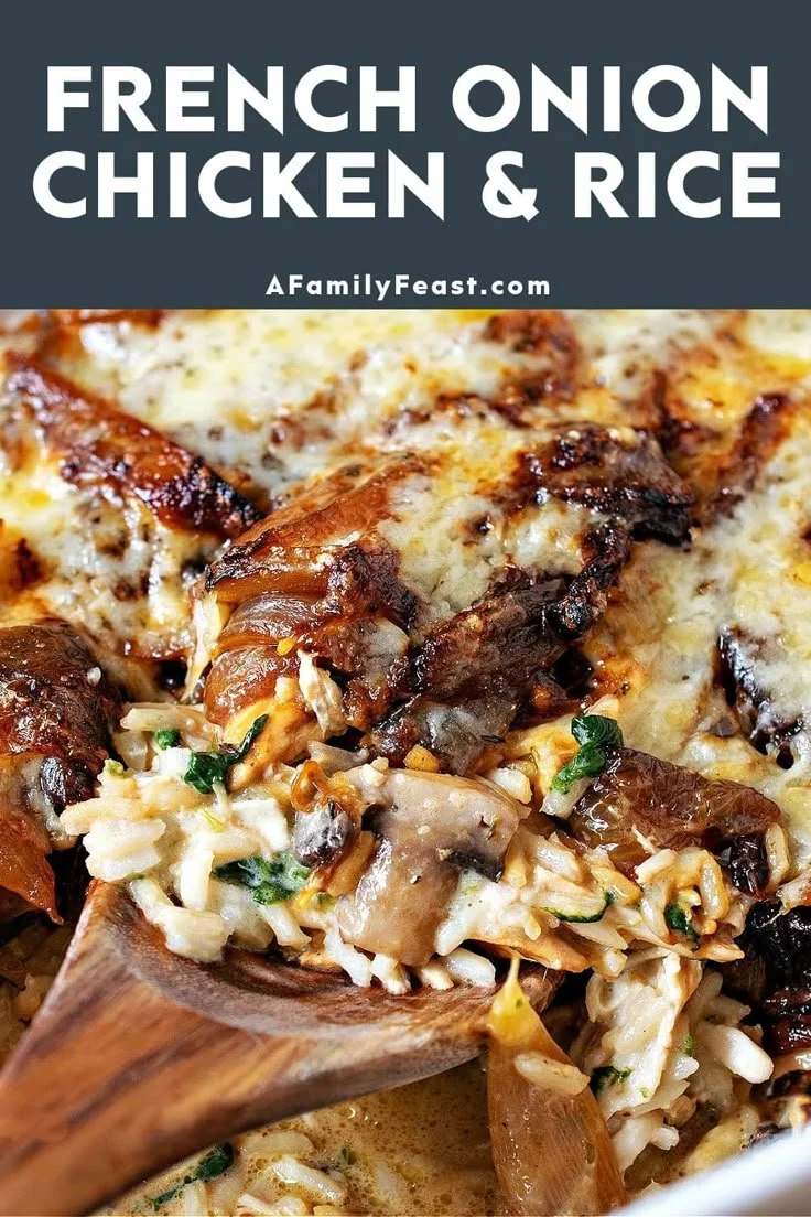 Delicious French onion chicken served with rice in a family-style platter.