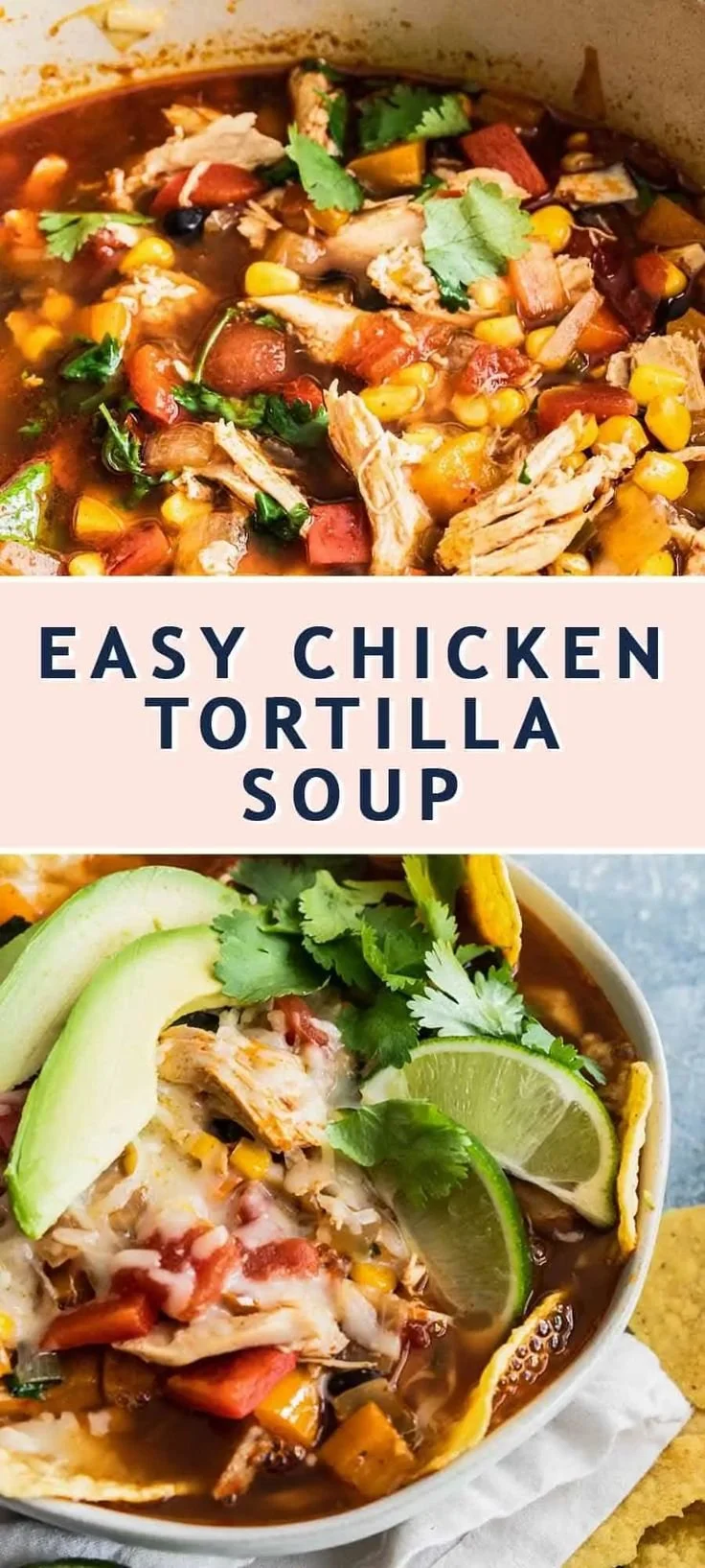 Delicious bowl of fresh chicken tortilla soup topped with crispy tortilla strips.