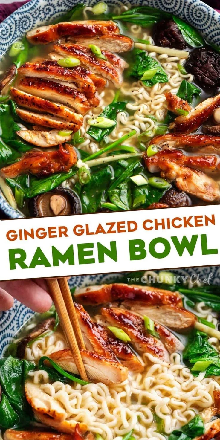 Bowl of ginger glazed chicken ramen topped with green onions and egg
