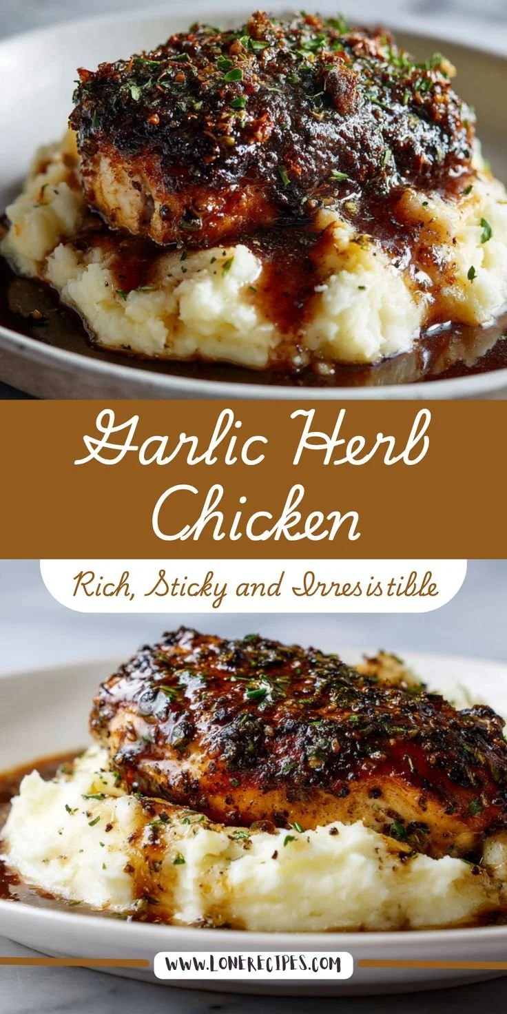 Glazed garlic herb chicken breast served over creamy mashed potatoes with pan sauce.