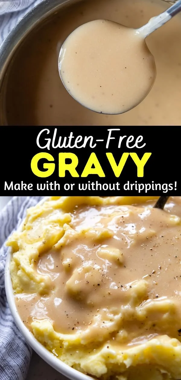 Bowl of gluten free gravy next to turkey and vegetables