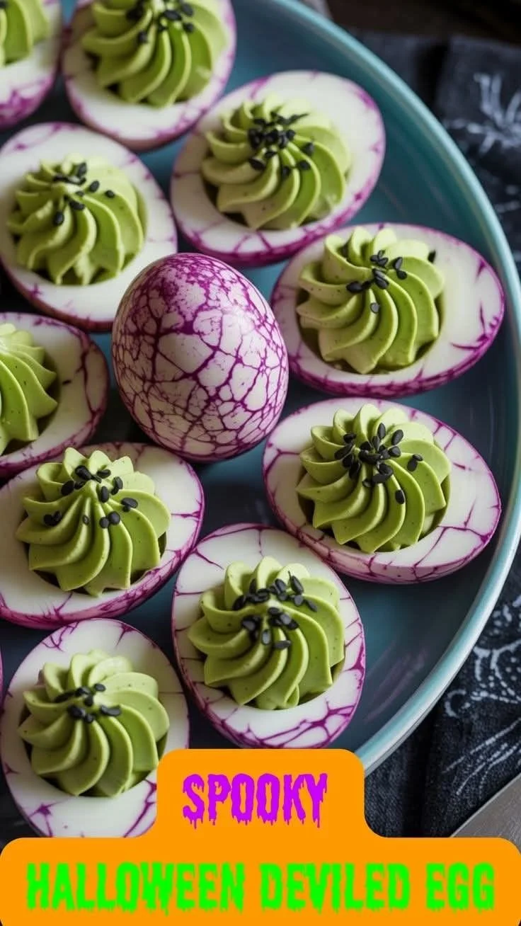 Spooky Halloween deviled eggs served as appetizers for adults