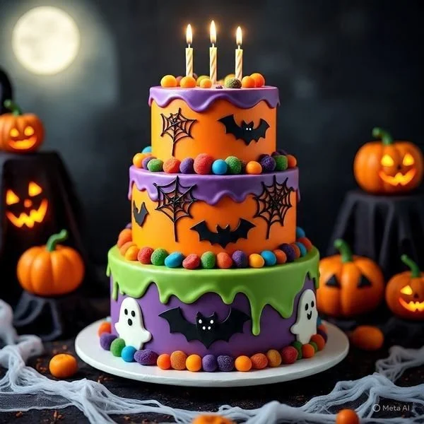 3 tier Halloween cake with ghost decorations and scary themes for festive occasions.