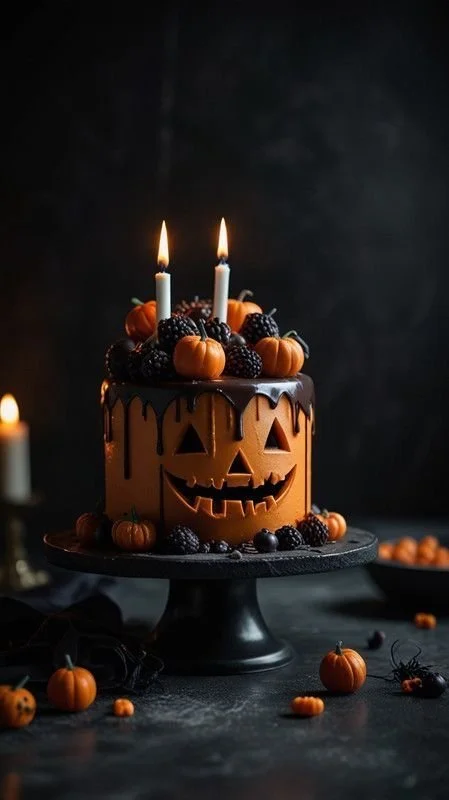 Halloween-themed chocolate cake with candles for festive celebrations