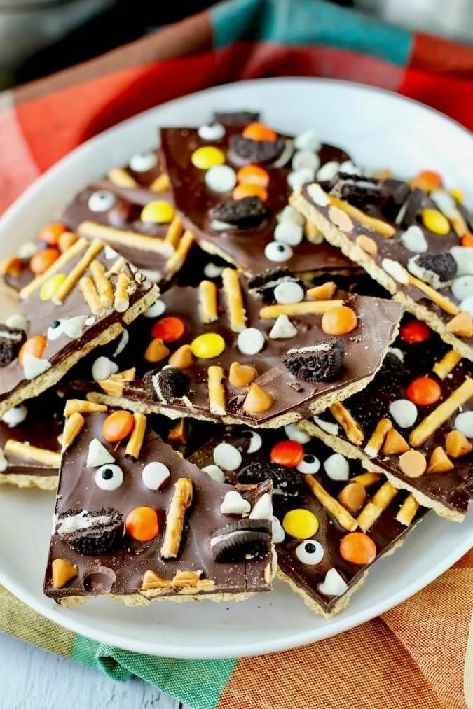 Halloween Candy Bark decorated with colorful candies and festive sprinkles