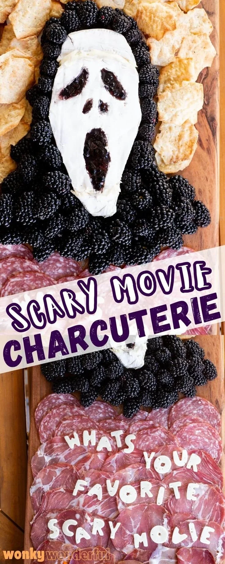 Halloween charcuterie board featuring festive treats and spooky decorations