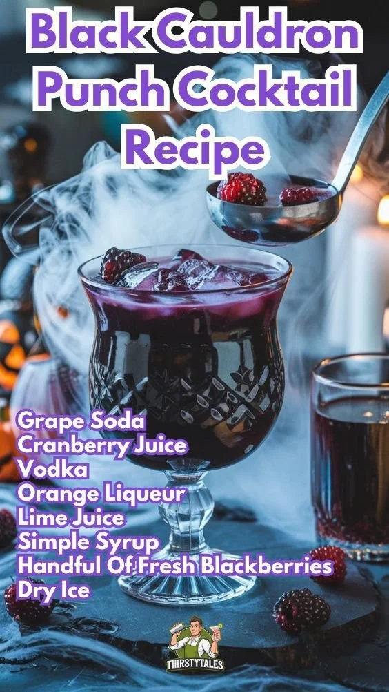 A spooky Halloween punch served in a cauldron with floating orange slices and gummy worms.