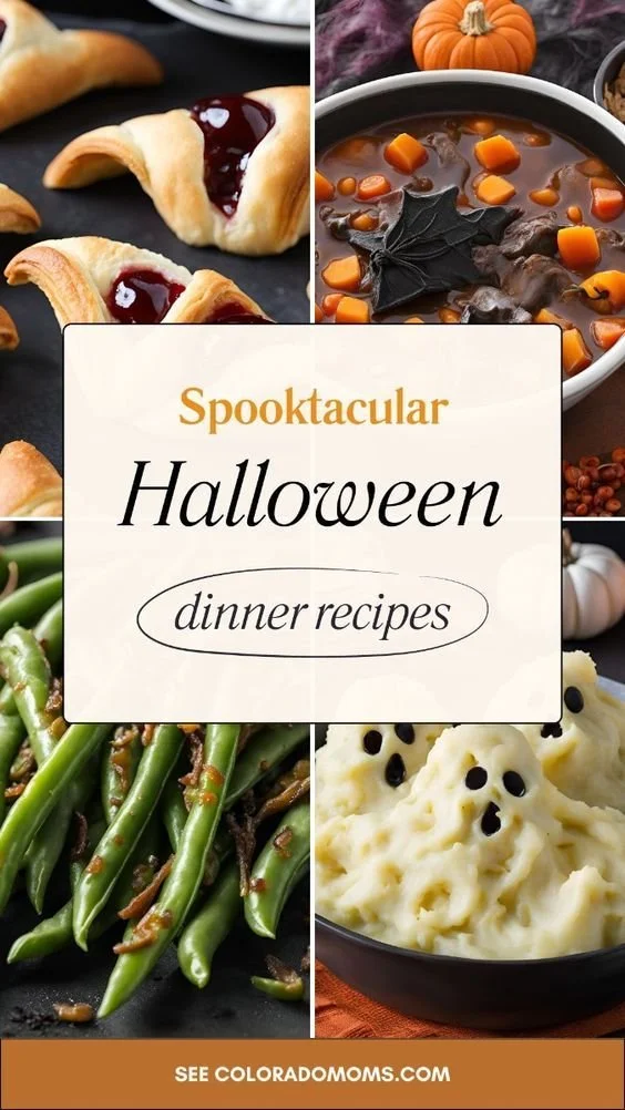 Spooky Halloween dinner table with themed appetizers and decorations