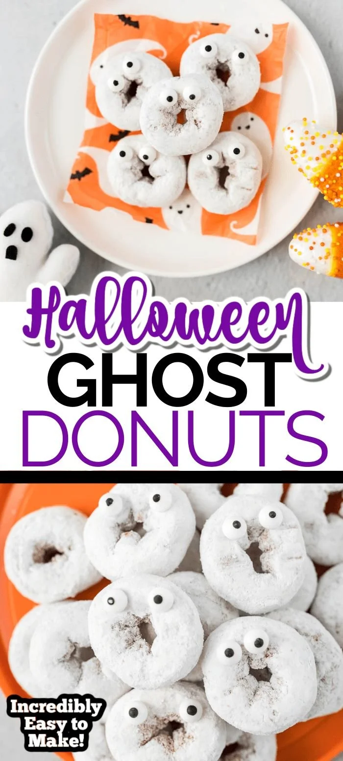 Spooky Halloween ghost donuts with icing and candy decorations
