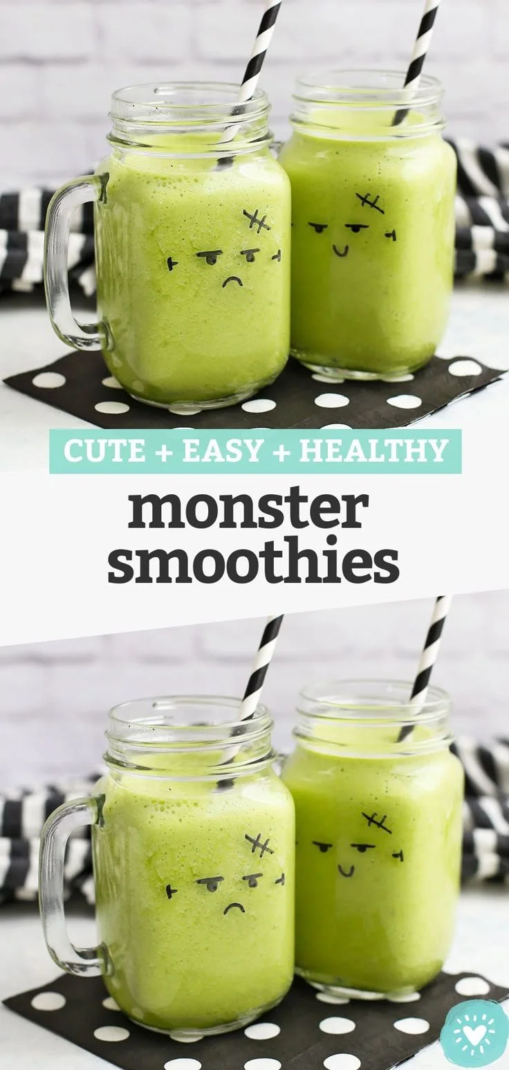 Halloween monster face smoothies in colorful glasses with fun designs