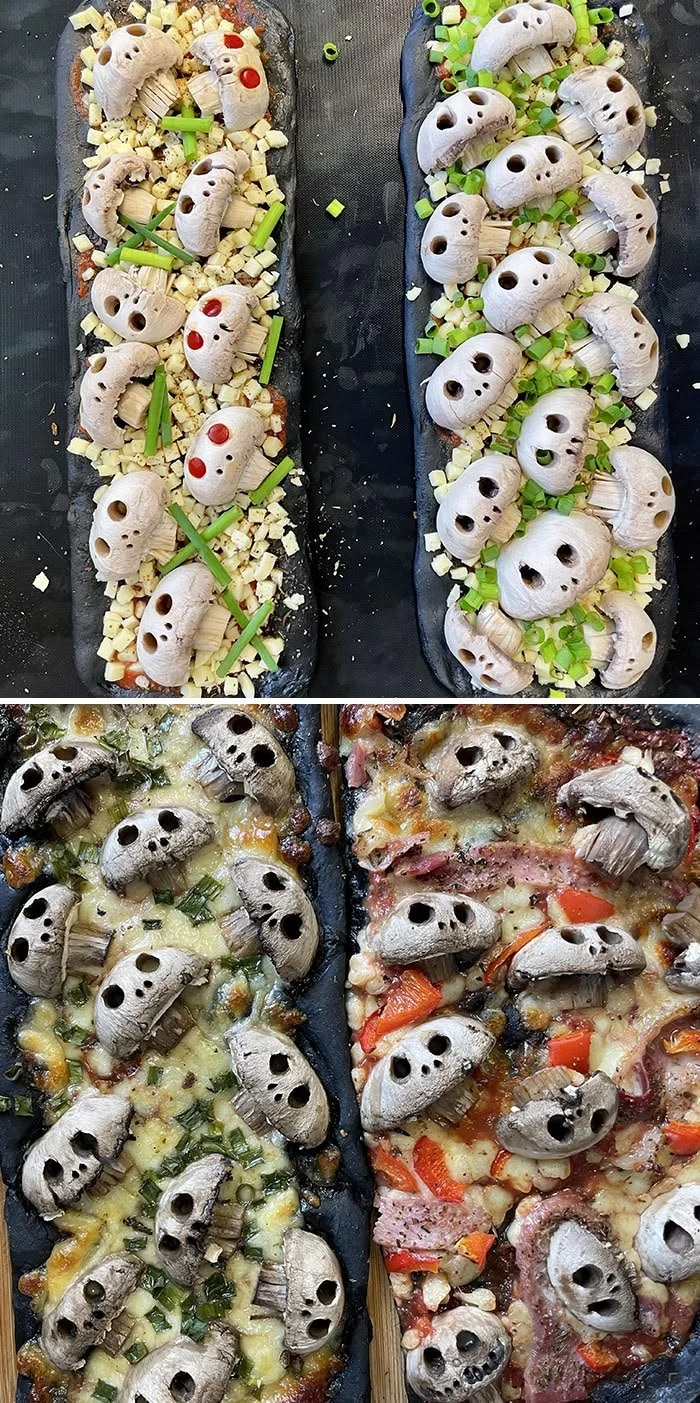 Halloween pizza with skull design, perfect for spooky celebrations