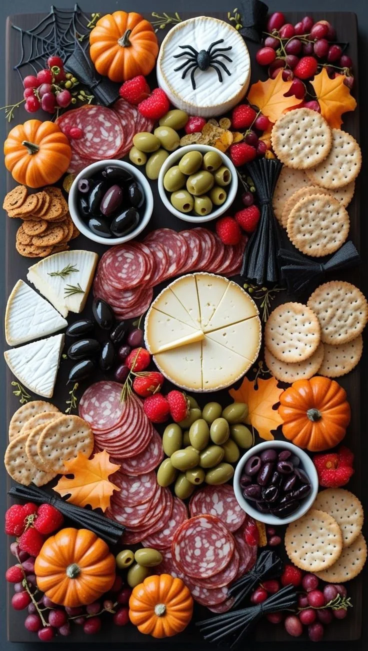 Festive Halloween platter featuring spooky snacks and treats for a party.