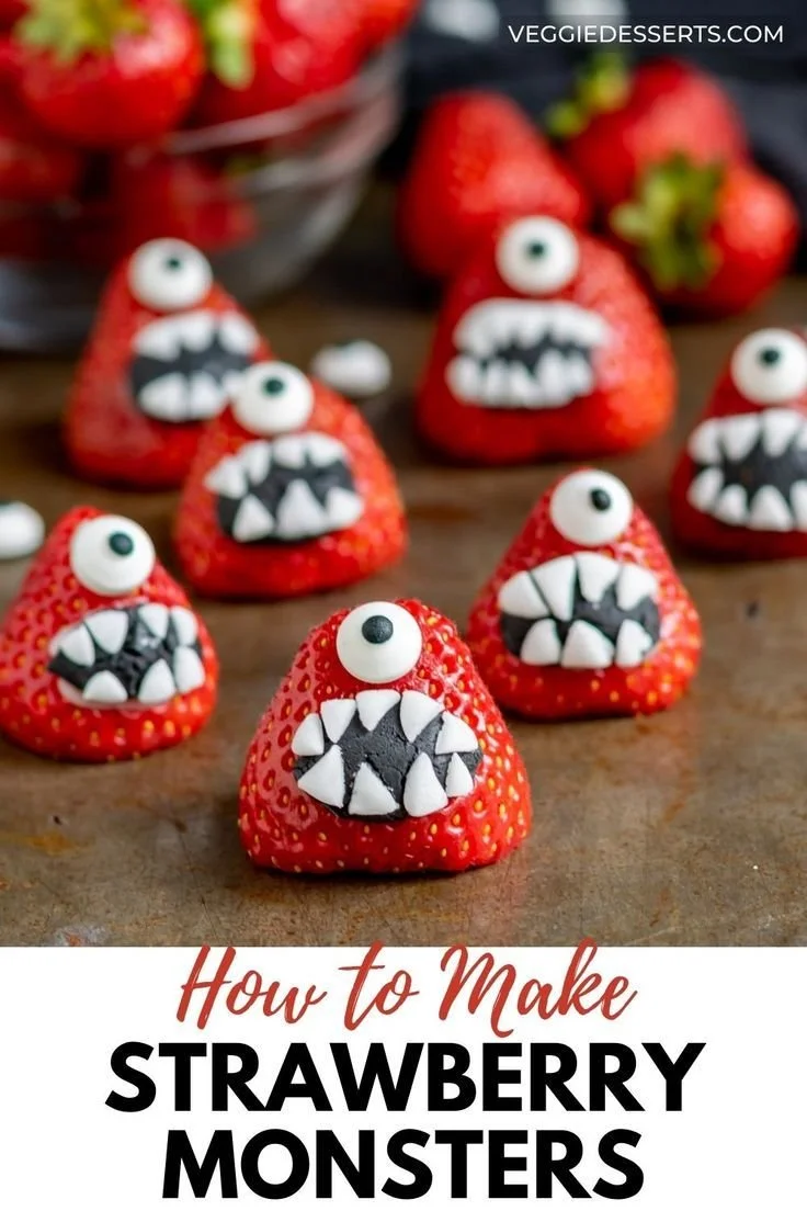 Colorful Halloween Strawberry Monsters decorated for Halloween festivities