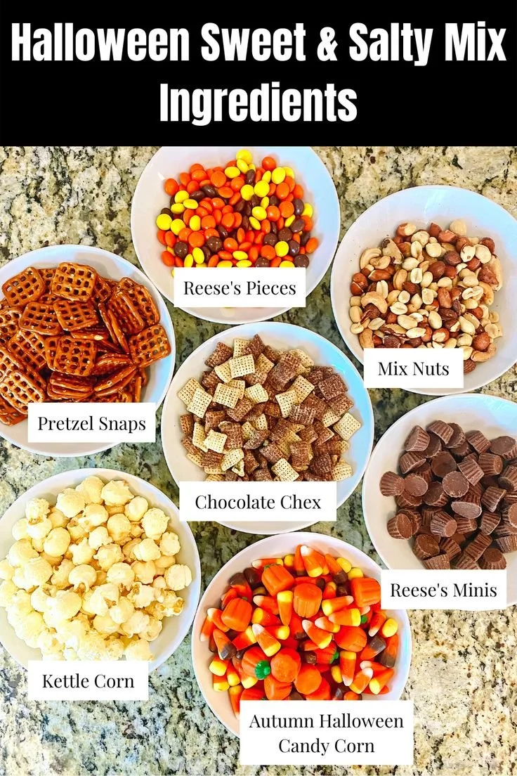 Colorful Halloween sweet and salty snack mix in a festive bowl