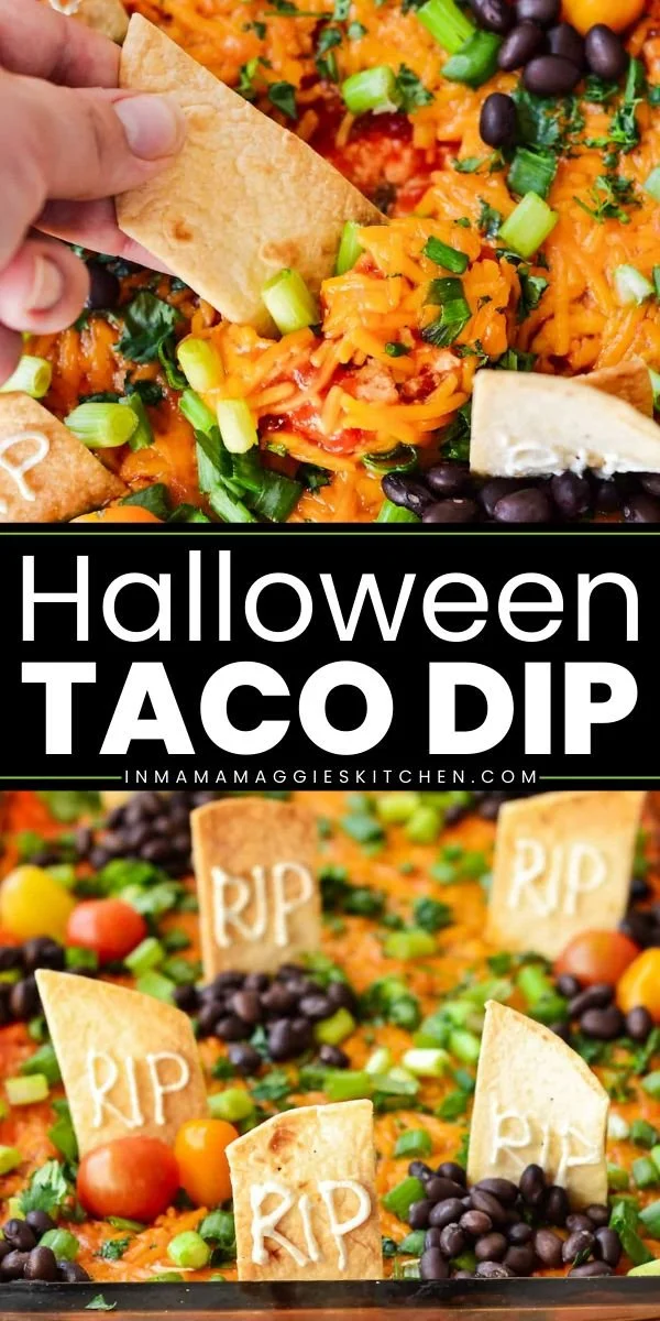 Colorful Halloween taco dip served in a festive bowl with tortilla chips.