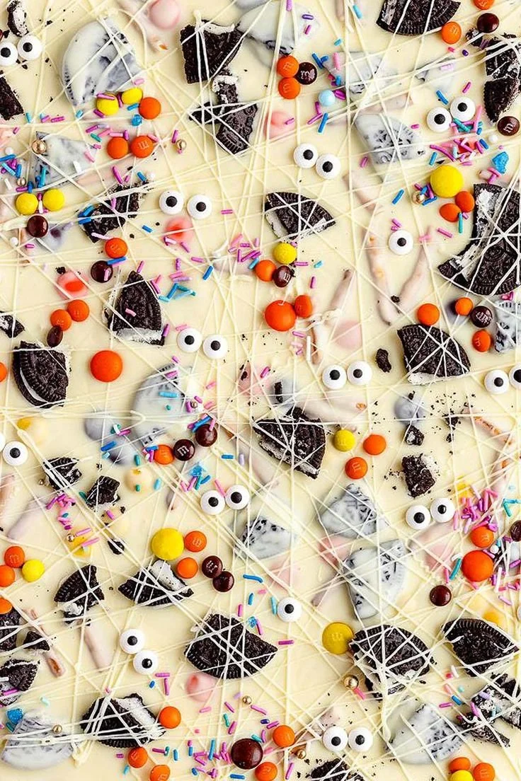 Halloween White Chocolate Candy Bark with sprinkles and festive decoration